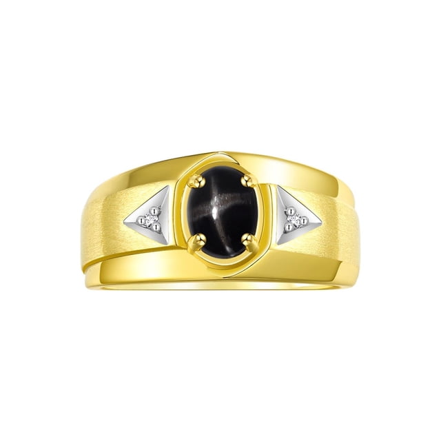 RYLOS Men's Rings 14K Yellow Gold Classic 7X5MM Oval Gemstone & Diamond Ring Black Star Sapphire March Birthstone Rings For Men, Gold Rings Size 8