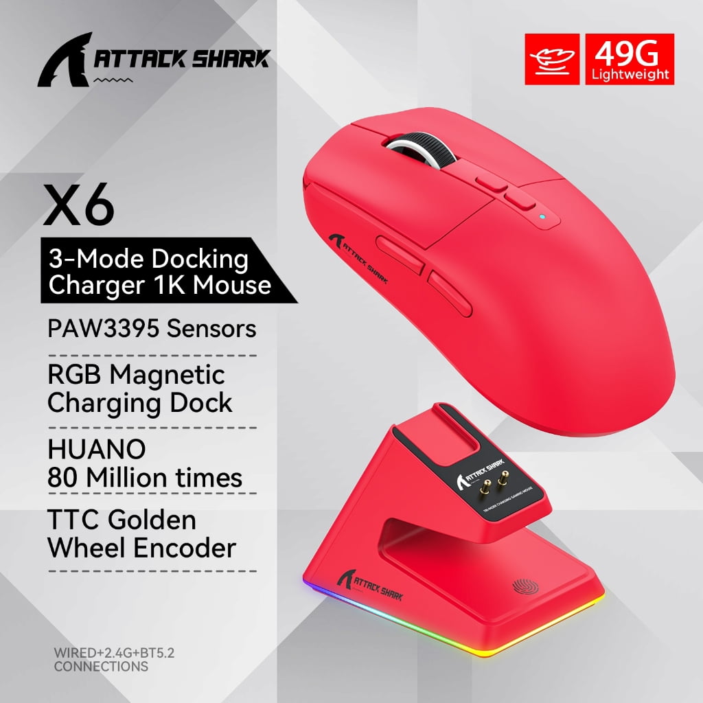 Attack the Sharks X6 3-Mode Lightweight PAW3395 Esports Rechargeable RGB Wireless Mouse for PC Gamers,红色