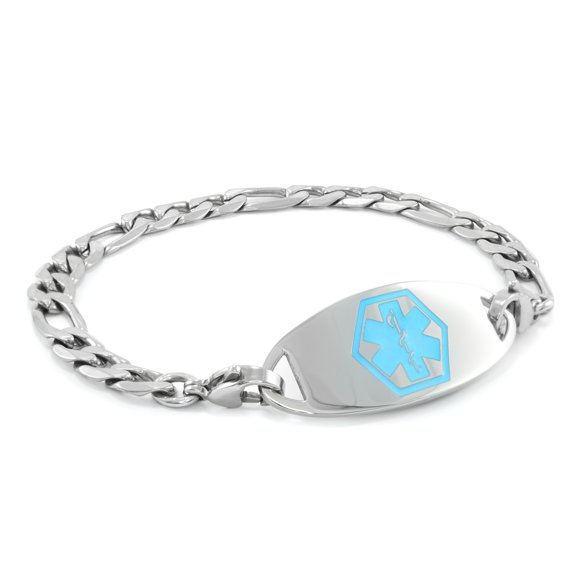MedicEngraved Surgical 316L Stainless Steel Medical ID 7mm Figaro Link Bracelet with Enamel Medical Tag - Medical Engraving Included