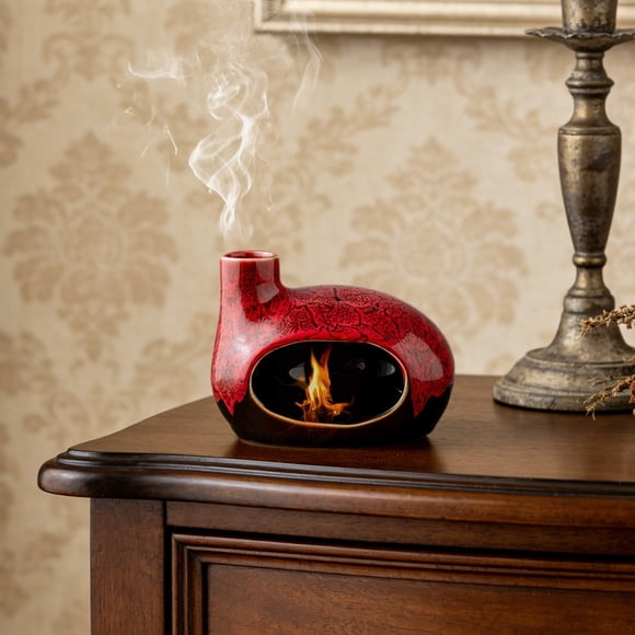 ZZkhGO Handcrafted Ceramic Palo Incense Censer, Ash Catcher with Chimney for Wood Sticks Incense Cones, Room Home Decor for Bookshelf Desktop Office, Red