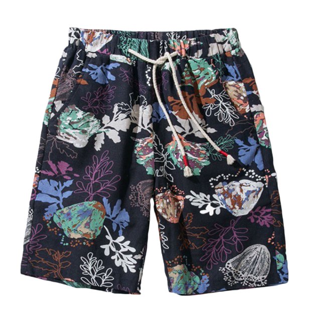 Men Drawstring Cotton and Linen Floral Ethnic Style Beach Casual Trouser Shorts Gray L