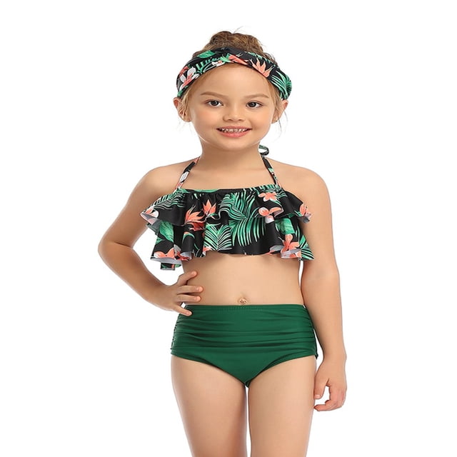 Mother and Daughter Bikini Leopard/Floral Crop Halter Back Tie Bra Tops High Waist Triangle Panty Set