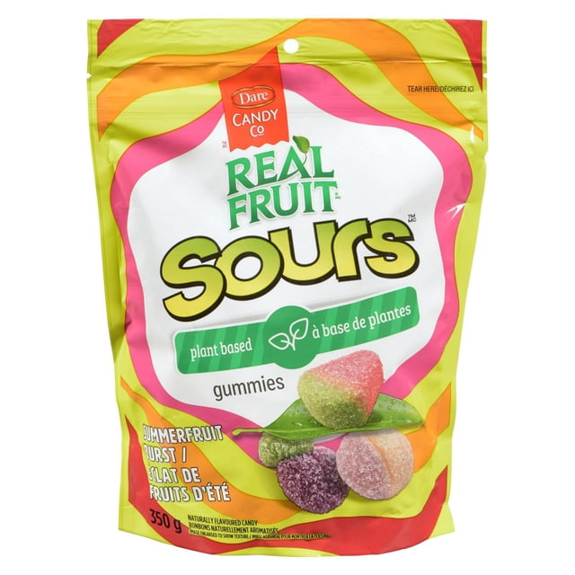REALFRUIT Sours Summerfruit Burst Candy by Dare Real Fruit, 350g bag of multicoloured, plant-based sour gummies with watermelon, cherry, and peach flavours, sugar-coated, vegan, gluten-free, and free from artificial colours and flavours, suitable for a sweet snack on the go.