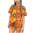 thumbnail image 2 of RKSTN Shorts Ensembles Courts pour Filles, T-Shirts à Col Rond à Manches Courtes à Imprimé Floral Coloré, Tenue de Plage Deux Pièces pour Filles (Orange, 7-8 Ans), 2 of 6