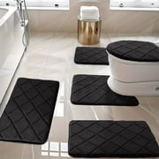 5-Piece Bathroom Rug Set, Ultra Soft Machine Washable Non-Slip Foam Mats, Thick Absorbent Toilet Floor Mats for Bath Shower with Latex Backing, Black