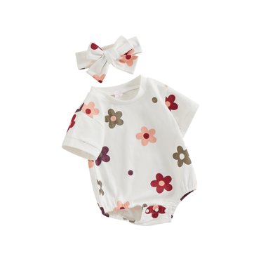 Honganda Infant Baby Girl Summer Jumpsuit Flower Print Short Sleeve Romper with Bow Headband