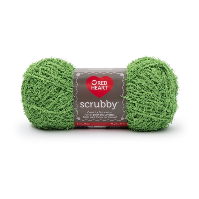 Red Heart® Scrubby™ Yarn in green polyester, medium #4 weight, 3 oz (85 g), 78 yards (71 m), with looped texture for knit or crochet dishcloths and washcloths, displayed front-facing with label showing Red Heart logo and product info, suitable for quick-drying cleaning cloths.