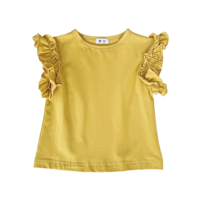 Sunnyoo Girls Ruffle Sleeve Cotton T-Shirt Solid Color Casual Crew Neck T Shirt