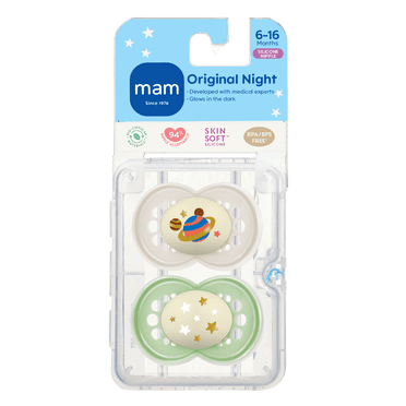 MAM Night Silicone Pacifier 6+ Months, Glow in the Dark, Assorted Colours, 2 PACK