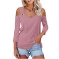 thumbnail image 2 of RXIRUCGD Femmes Uni Manches 3/4 Col en V Chandail Sans Bretelles Hauts Chemises Blouse, Rose, Taille : M, 2 of 6