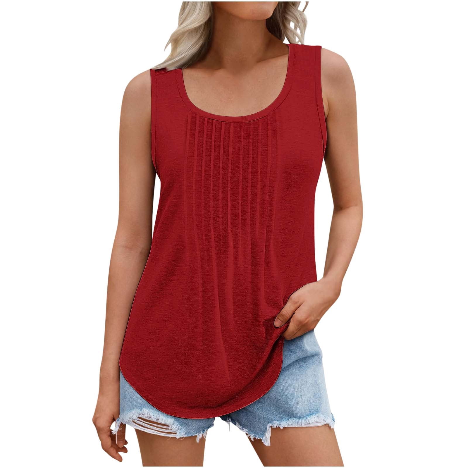 Timegard Womens Plus Size Tank Top Round Neck Pleated Casual Tunic Top Solid Color Comfy Sleeveless