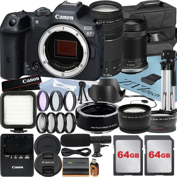 Canon EOS R7 Mirrorless Camera with 18-150mm + 75-300mm Lens + Mount Adapter + 2 Pack 64GB Memory Card + Case + ZeeTech Accessory