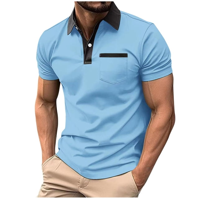 eilrgd T-Shirt pour Hommes, Haut d'Été Bleu Pâle à Manches Courtes avec Col Ras du Cou Noir Contrastant et Poche Poitrine. Fabriqué en Mélange de Coton Respirant, Il Présente une Fermeture à Boutons et une Coupe Ajustée. Idéal pour les occasions Décontractées Ou Semi-Formelles, comme les Vacances, les Rassemblements Ou le Bureau.