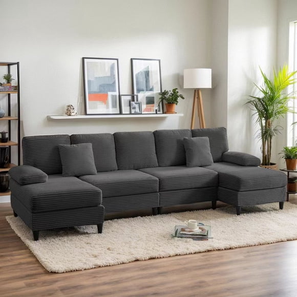 Puremind 112" U Shaped Sofa, 4 Seat Sofa with Double Chaises, Corduroy Sectional Couch for Living Room/Apartment, Dark Gray