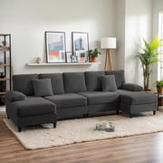 Puremind 112" U Shaped Sofa, 4 Seat Sofa with Double Chaises, Corduroy Sectional Couch for Living Room/Apartment, Dark Gray