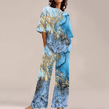 EQWLJWE Liquidation d'Été! Ensemble Décontracté d'Été Imprimé Col Rond Manches Courtes et Pantalons Longs pour Femmes Grande Taille