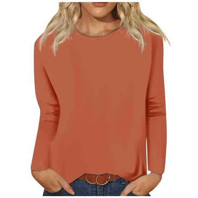 Timegard Womens Tops Long Sleeve Round Neck Solid Color Basic Tee Fall Casual Comfy Loose Tops Blouse