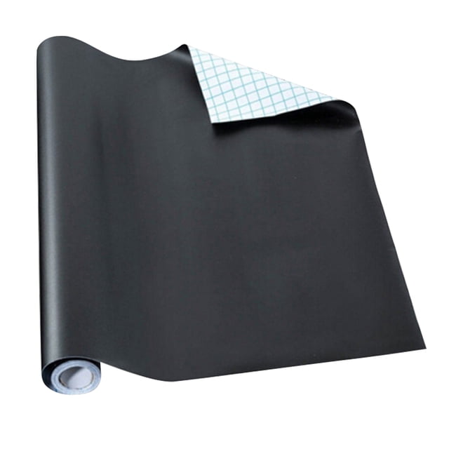 Amdohai Portable Blackboard Sticker Magnetic Chalkboard Contact Paper, measuring 17.7x78.7 inches, shown partially unrolled with a black frosted surface and a grid-lined adhesive backing. Made of durable vinyl, it features a self-adhesive design for easy application on smooth surfaces. Ideal for home education, office presentations, classroom use, or as a restaurant menu board.