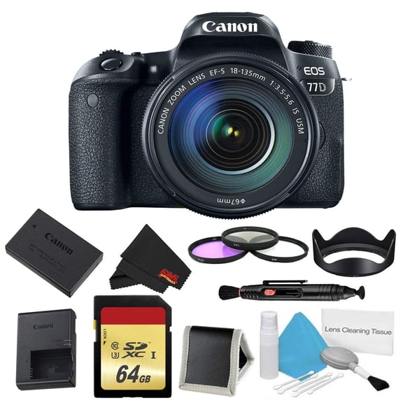 Canon EOS 77D DSLR Camera with 18-135mm Lens Bundle w/ 3 Piece Filter & Memory Kit (Intl Model)