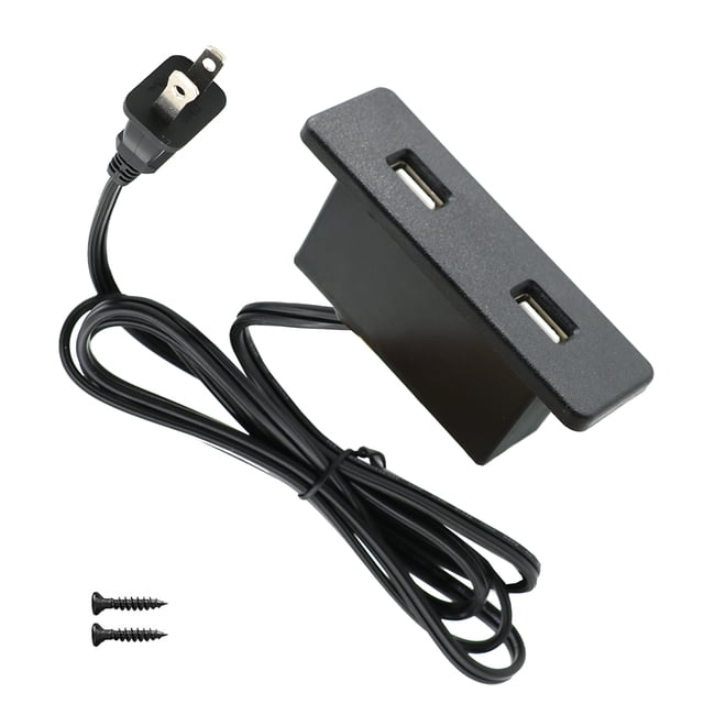 Powered USB Hub Socket Recessed USB Power Strip Outlet with Power Supply featuring 2 USB ports with 2.1A smart charging capability. Designed for recessed mounting into desks, tables, cabinets, or sofas, this black power hub includes a cover for optional use. The hub is ETL certified for safety and provides efficient charging for devices like smartphones and tablets. Includes a power cord and mounting screws.