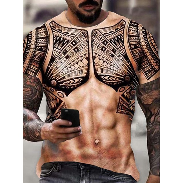 Lefu Men 3D Muscle Tattoo Print T-Shirt Short Sleeve Digital Printing Shirts Tops Tee