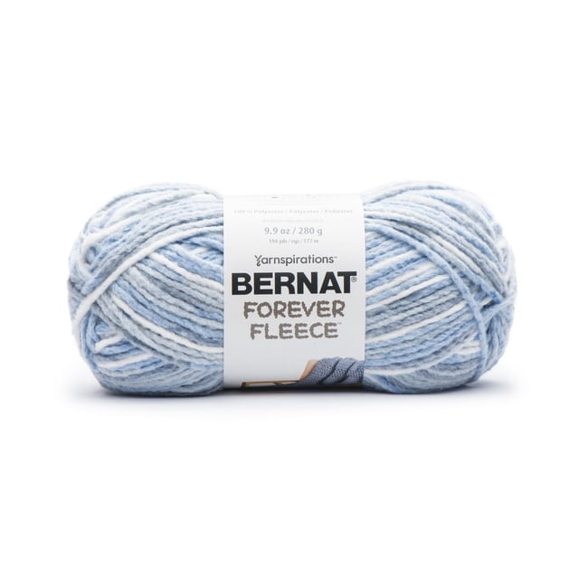 Bernat® Forever Fleece™ Yarn skein in light blue and white polyester with soft, brushed texture, super bulky #6 weight, 9.9 oz (280 g), 194 yards, suitable for quick knitting or crochet projects and often used for cozy home decor items.