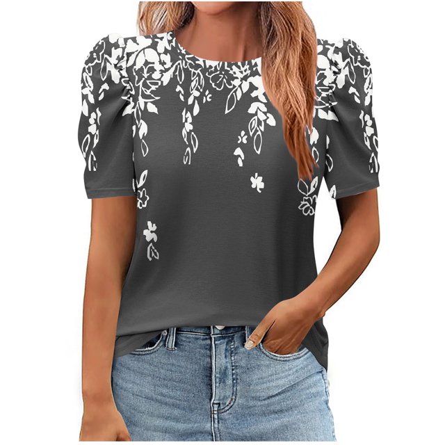Pisexur Hauts pour Femmes, Hauts de Sortie pour Femmes & T-Shirt à Manches Courtes Col Rond Imprimé, Haut Ample, Hauts de Printemps pour Femmes Gris, G