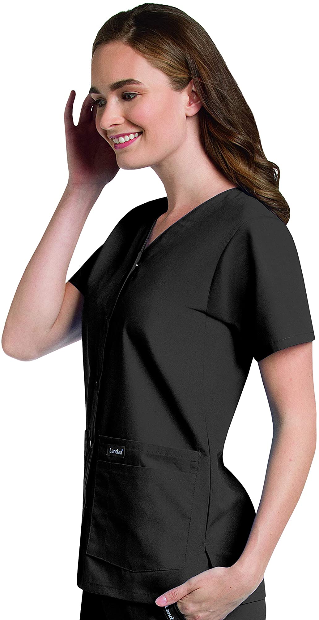 Landau Essentials Haut d'Uniforme à Boutons-Pression pour Femme, Coupe Classique Décontractée, Col en V, 4 Poches