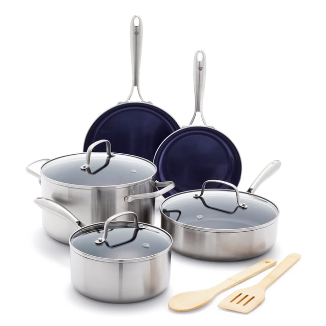 Blue Diamond HD Acier inoxydable Pro 10 Ensemble de casseroles et pots de cuisson, Diamond Antiadhésif en céramique infusé, sans PFAS, lave-vaisselle sans danger, four et grille-vaisselle, argent