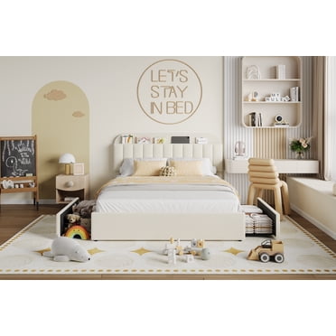 Cadre de Lit avec 2 Tiroirs de Rangement, Cadre de Lit pour Enfants avec Tête de Lit de Rangement, Cadre de Lit Rembourré, Aucun Sommier Requis