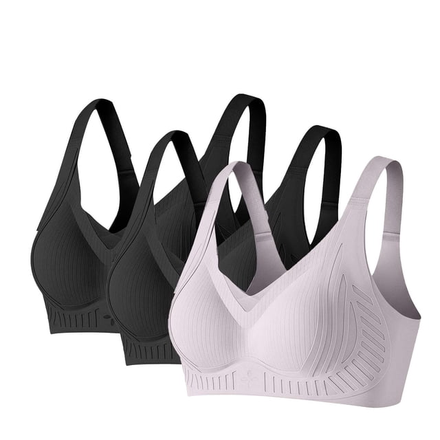 Amzcrzy 3PC Womens Bras Comfortable Supportive Lift Push up Bra Trendy Solid Color Ribbed Seamless T Shirt Bra XL