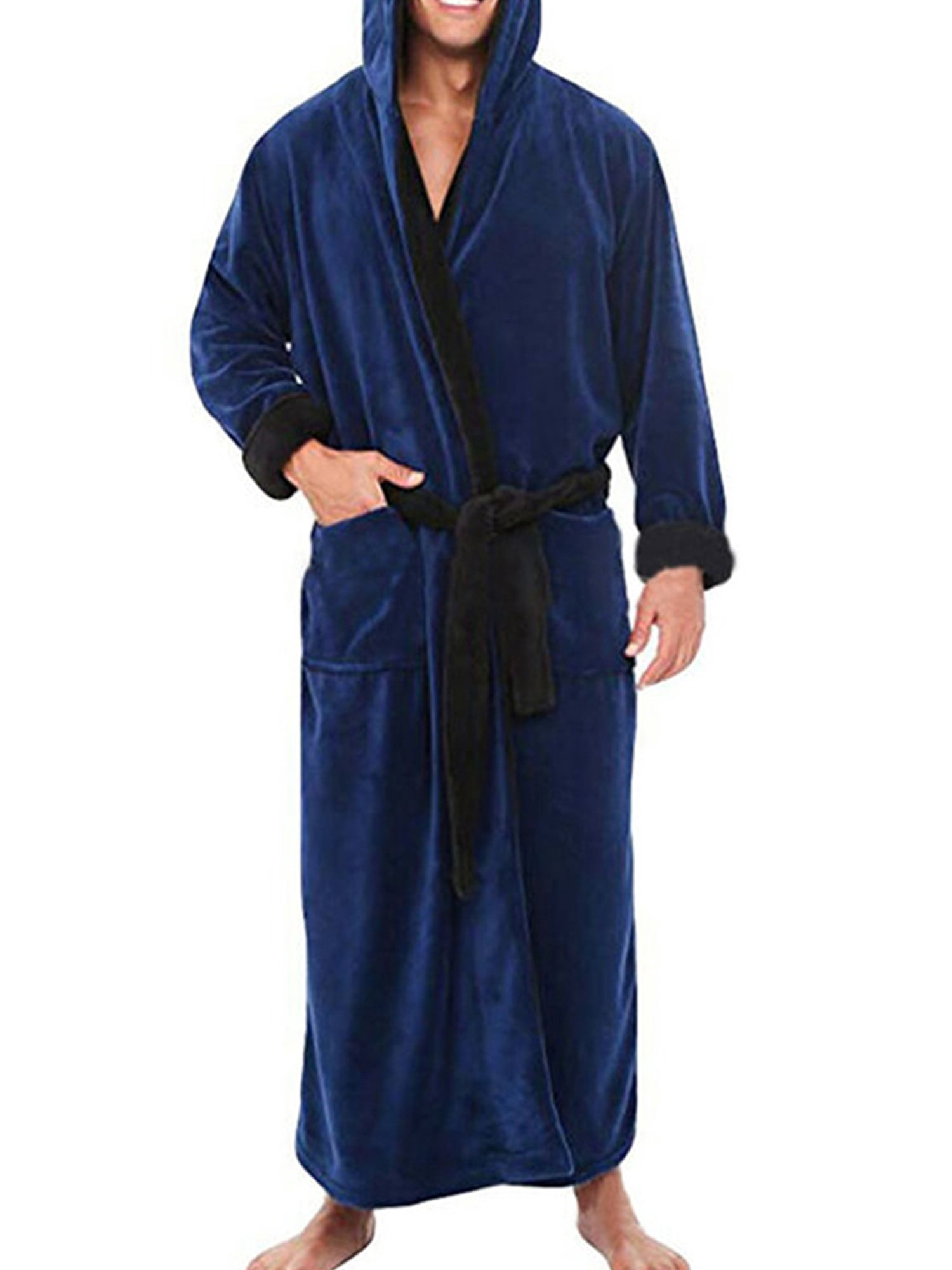 LUXUR Men Dressing Gown Hooded Wrap Robe Long Sleeve Bath Robes Plain Nightwear Solid Color Towelling Blue Black L