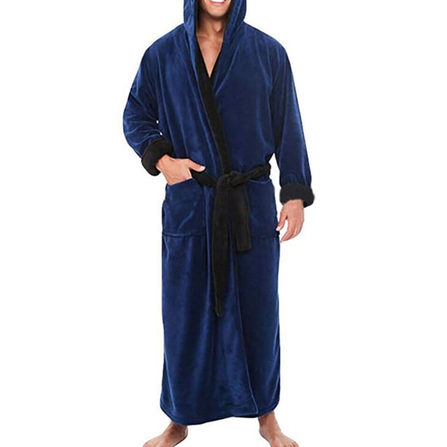 Innerwin Dressing Gown Solid Color Men Wrap Robe Home Hooded Thicken Plush Bath Robes Blue Black 3XL. A long, hooded men's bathrobe in deep blue with black accents, featuring a belted waist, long sleeves, and two front pockets. Made from a soft polyester-cotton blend, this plush sherpa fleece robe is designed for warmth and comfort, ideal for lounging, sleepwear, or casual home wear during colder seasons.