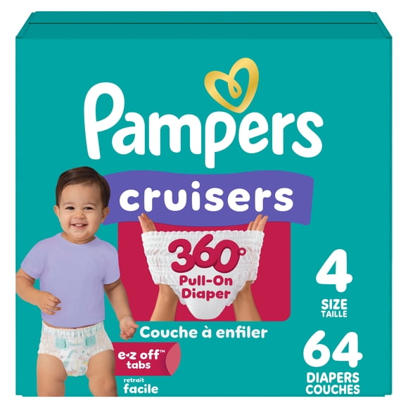 Pampers Couches - Cruisers 360° - Taille 4, Ajustement Anti-Fuites jusqu'à 100 %, Conçues pour les Bébés Actifs, Couche à Enfiler, Attaches EZ Off Conçues pour des Changements Faciles