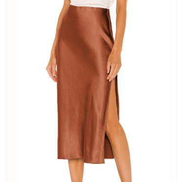 SHIXIAOO Women's Satin Skirt Elastic High Waisted Solid Color Slit MIDI Skirt Fuchsia Metallic Skirt Womens Silk Skirts
