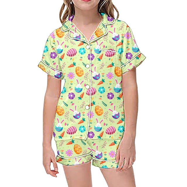 Ensemble de Pyjama en Soie pour Filles Imprimé Manches Courtes à Boutons Ensemble de Tenue d'Intérieur Ensemble de Pyjama Décontracté pour Filles Pyjama pour Tout-Petit Garçon Pyjamas Garçons Filles Mode