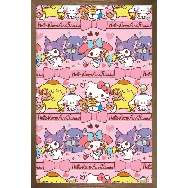 Hello Kitty and Friends: 25 Snack Time - Collage Wall Poster, 14.725" x 22.375" framed, featuring a repeating pattern of Hello Kitty and friends characters including Hello Kitty with pancakes, Pompompurin with cookies, My Melody with a blue bow, Kuromi with a skull hat, and other colorful characters on a pink background with hearts and bows, ideal wall art for home décor, kids' rooms, and dorms.