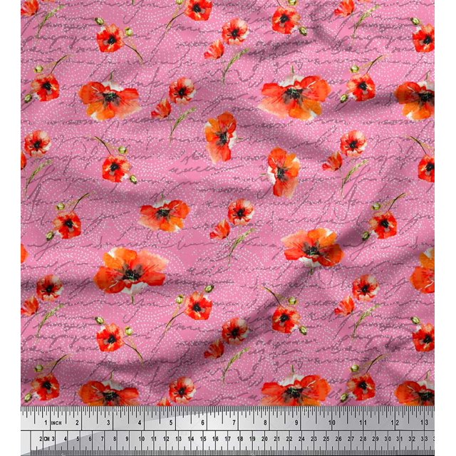 Soimoi Pink Modal Satin Fabric Text & Poppy Floral Printed Fabric 1 Yard 42 Inch Wide