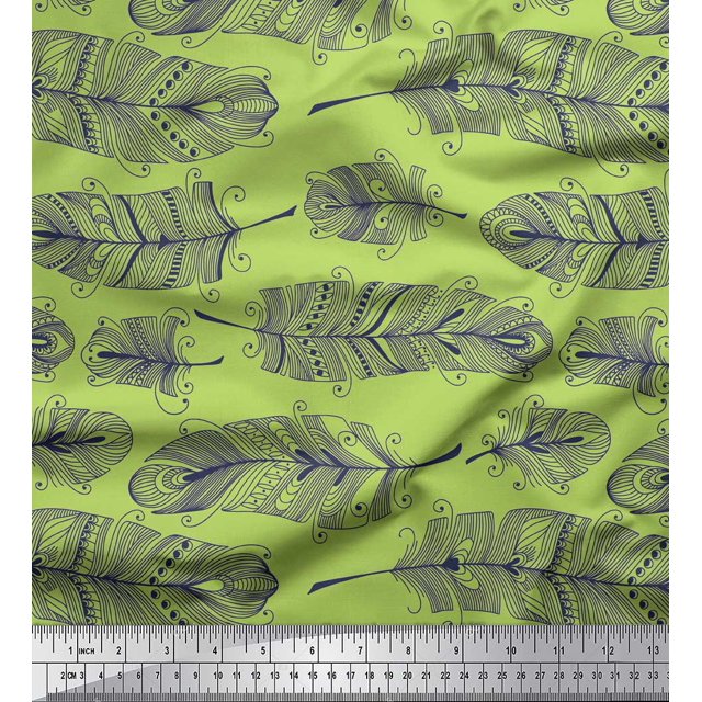 Soimoi Green Velvet Fabric Tribal Feather Decor Fabric Printed Yard 58 Inch Wide