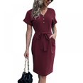 thumbnail image 1 of Basique V Cou Casual Robe à Manches Courtes Ceinturée Robe de Bureau Couleur Unie Parti Mini Robes Slim Robe Moulante Robe, 1 of 9