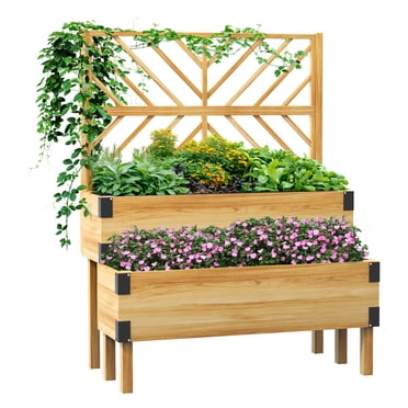 Outsunny Jardinière Surélevée en Bois à 2 Niveaux avec Treillis, Naturelle