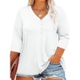 thumbnail image 2 of Plebaso Womens Plus Size Tops 3/4 Sleeve V Neck Casual T Shirts Loose Solid Color Button down Blouses Tees, 2 of 7