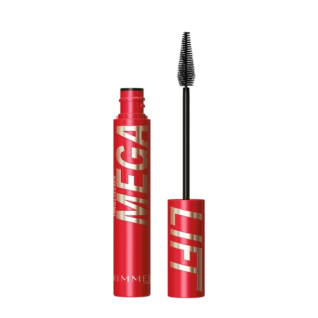 Rimmel Mega Lift Mascara in a red tube with gold lettering, featuring a tapered arrow brush for extreme lash lift and volume with up to 24-hour wear and a megafueled hybrid wax texture for weightless volume.