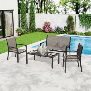 Memoryfield 4-Piece Outdoor Patio Furniture Set, Metal Conversation Set with Loveseat, 2 Armchairs & Coffee Table, Textilene Seating for Porch, Backyard, Balcony, Brown