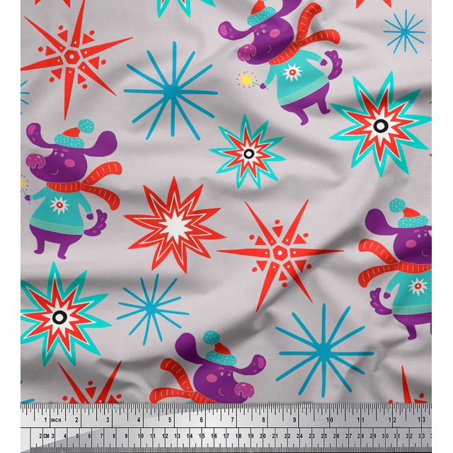Soimoi Gray Silk Fabric Snowflake & Pig Kids Print Fabric by the Yard 42 Inch Wide