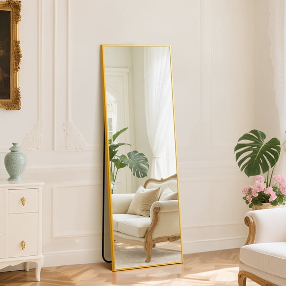 EDX Miroir Rectangulaire Pleine Longueur 59"x16 Pouces Doré avec Cadre en Métal, Miroir Pleine Longueur sur Pied, Autoportant et Mural