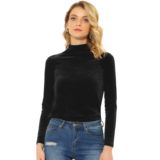 INSPIRE CHIC Chemise à Manches Longues pour Femme Col Montant en Velours Extensible Col Roulé Blouse Basique Hauts Noir P
