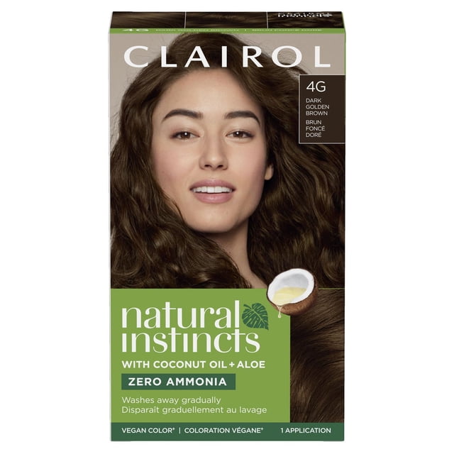 Clairol Natural Instincts Coloration Capillaire Demi-Permanente en 4 g Brun Doré Foncé, Faite avec de l'Huile de Noix de Coco et de l'Aloès, avec une Zéro Ammoniaque, Formule Végane Qui Revitalise les Cheveux et les Élimine Progressivement en une application.