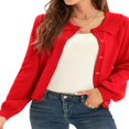 thumbnail image 1 of Women Solid Cropped Cardigan Sweater Lantern Sleeve Ruffle Lapel Collar Button Down Knit Outerwear Green M, 1 of 4