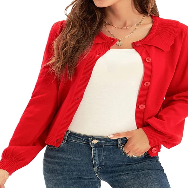 Women Solid Cropped Cardigan Sweater Lantern Sleeve Ruffle Lapel Collar Button Down Knit Outerwear Green M